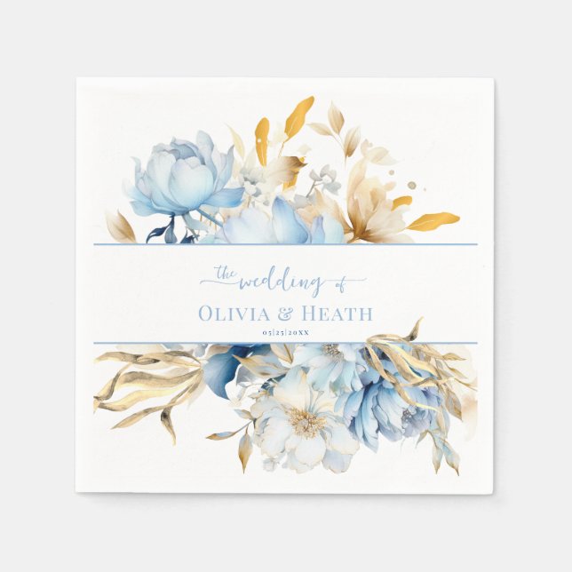 Servilleta De Papel Boda Dusty Blue Floral Gold (Anverso)