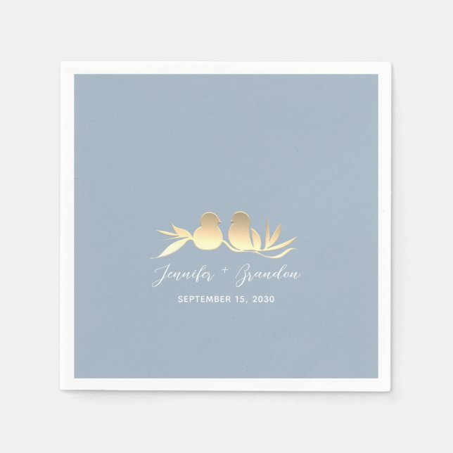 Servilleta De Papel Boda Dusty Blue Gold Lovebirds (Anverso)