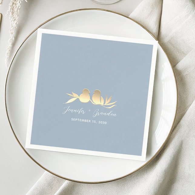Servilleta De Papel Boda Dusty Blue Gold Lovebirds (Subido por el creador)