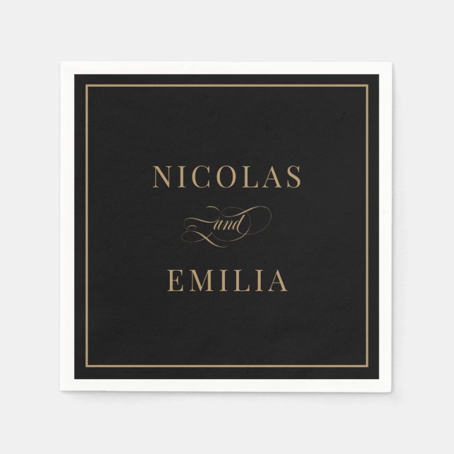 Servilleta De Papel Boda Elegante Caligrafía Oro Negro (Anverso)