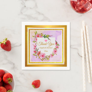 Servilleta De Papel Boda elegante con flores rosadas y brillo dorado