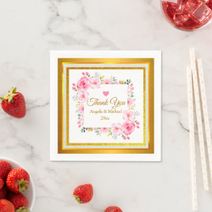 Servilleta De Papel Boda elegante con flores rosadas y brillo dorado