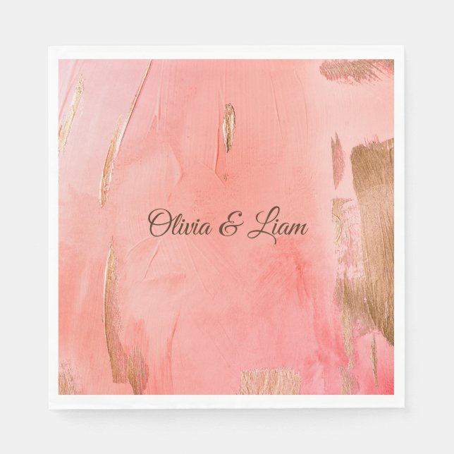 Servilleta De Papel Boda elegante con nombre marrón rosa dorado (Anverso)