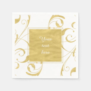 Servilleta De Papel Boda elegante con remolino floral en blanco y oro 