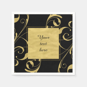 Servilleta De Papel Boda elegante con remolino floral negro y dorado f