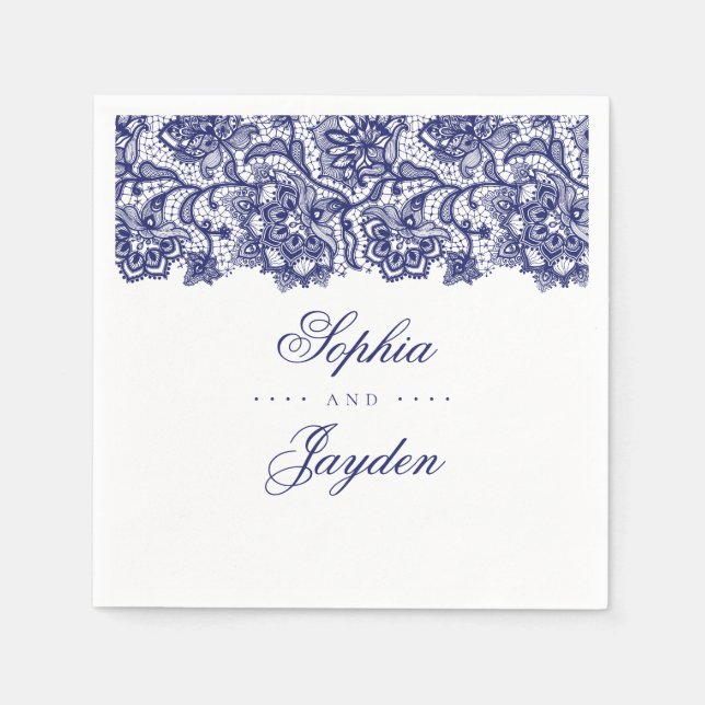Servilleta De Papel Boda elegante de canto azul de la marina (Anverso)
