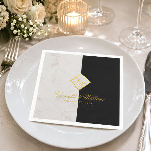 Servilleta De Papel Boda elegante de mármol blanco negro con monograma