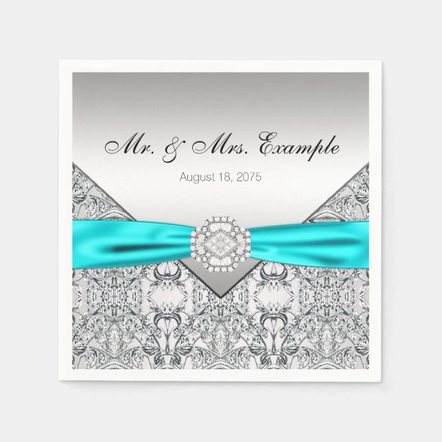 Servilleta De Papel Boda elegante de plata y azul turquesa (Anverso)