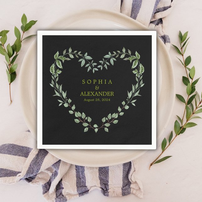 Servilleta De Papel Boda elegante de verdor personalizado (Elegant Greenery Heart Wedding Personalized Black Napkins)