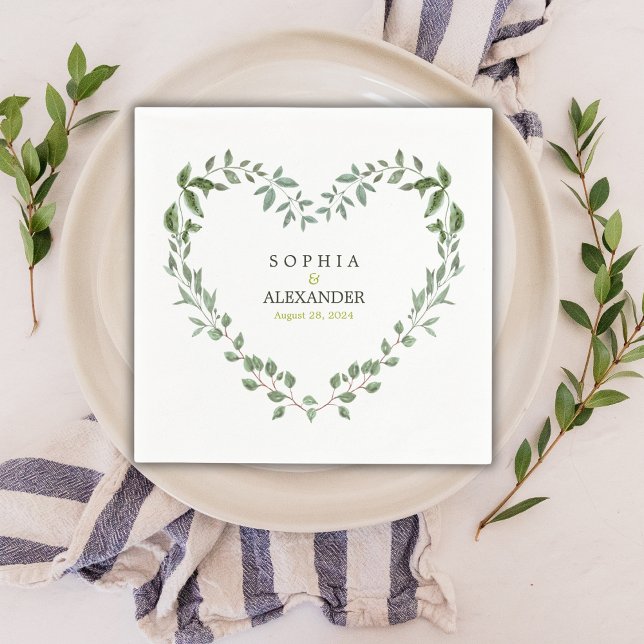 Servilleta De Papel Boda elegante de verdor personalizado (Elegant Greenery Heart Wedding Personalized Napkins)