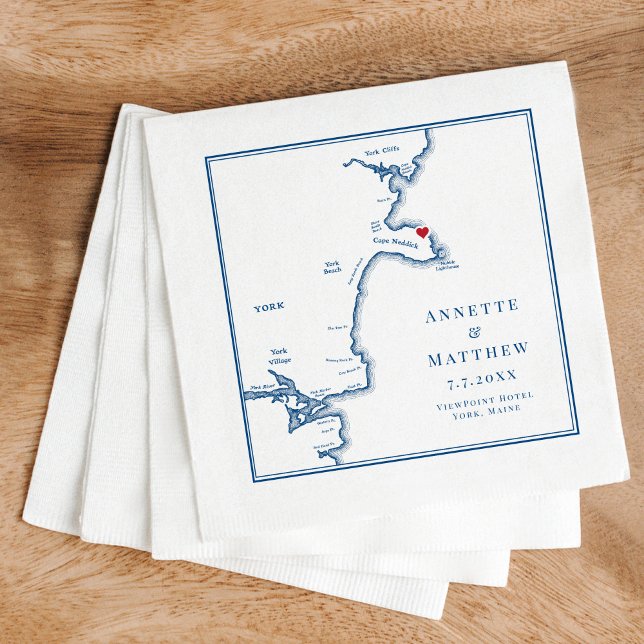 Servilleta De Papel Boda elegante del Mapa de Mapa de York (These York Maine Wedding napkins are perfect for your coastal Maine destination wedding)