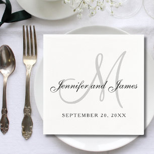 Servilleta De Papel Boda Elegante Monograma Blanco Negro Gris Letra