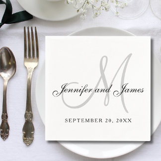 Servilleta De Papel Boda Elegante Monograma Blanco Negro Gris Letra