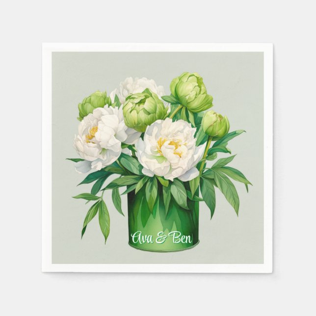 Servilleta De Papel Boda elegante Peony Verde y Blanca (Anverso)