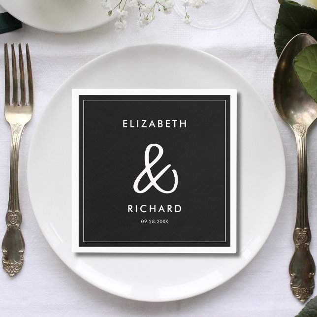 Servilleta De Papel Boda elegante y moderna en blanco y negro (Elegant modern black and white wedding napkins add style while elevating your reception tables)