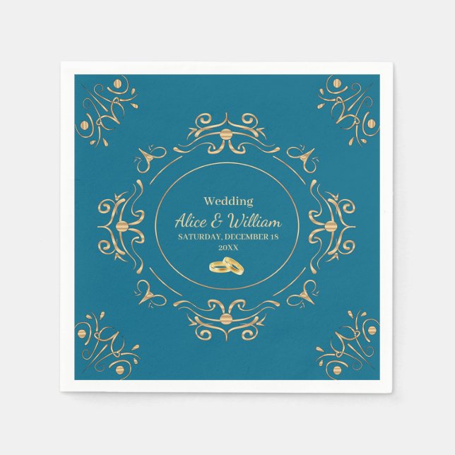 Servilleta De Papel Boda en Azul y Dorado (Anverso)