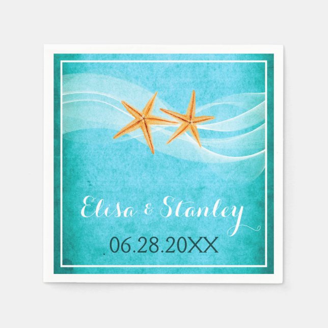 Servilleta De Papel Boda en la playa de Starfish y velo turquesa (Anverso)