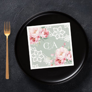 Servilleta De Papel Boda en monograma de flores de rosas rosadas verde
