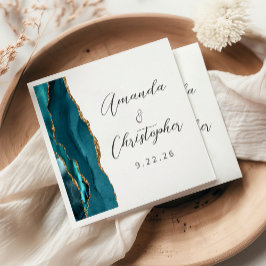 Servilleta De Papel Boda Escritura Dorada Azul Aguamarina Ágata