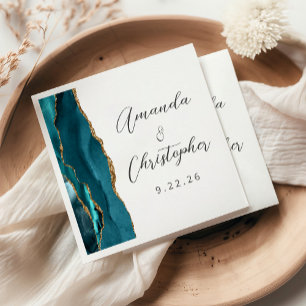 Servilleta De Papel Boda Escritura Dorada Azul Aguamarina Ágata