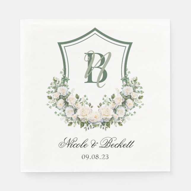 Servilleta De Papel Boda Escudo de Flores Blancas (Anverso)