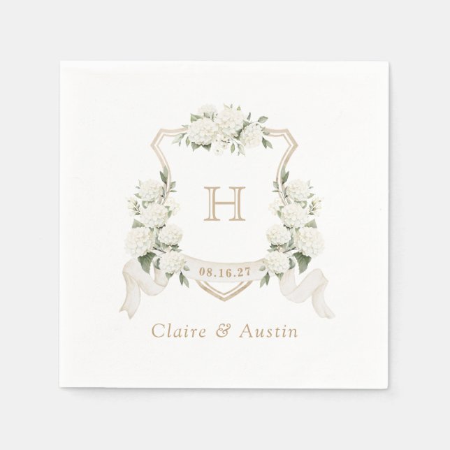Servilleta De Papel Boda Escudo de hidrangea blanca floral Monograma (Anverso)
