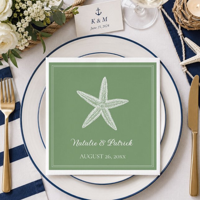 Servilleta De Papel Boda Estrella de Mar Verde Musgo (Moss Green Starfish Wedding Napkins)
