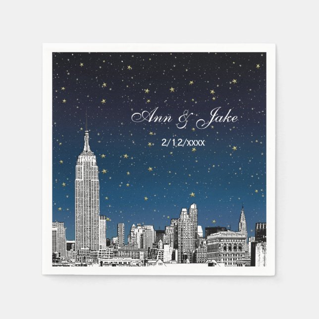 Servilleta De Papel Boda Etched NYC Skyline Blue Starry (Anverso)