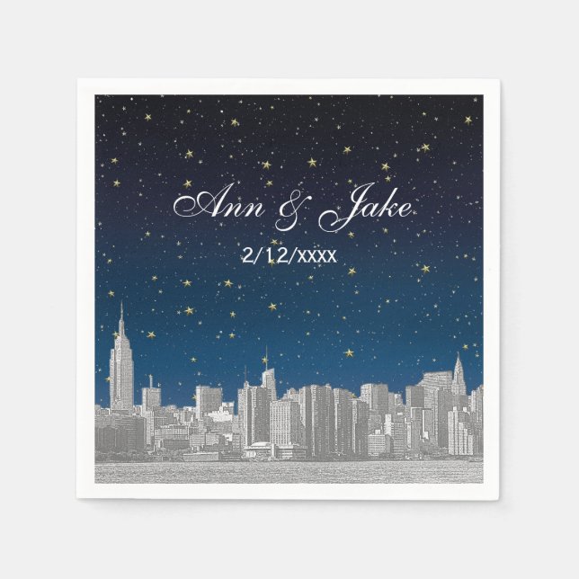 Servilleta De Papel Boda Etched NYC Skyline Blue Starry (Anverso)