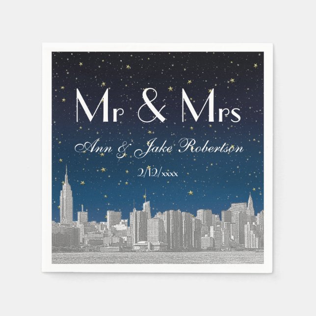 Servilleta De Papel Boda Etched NYC Skyline Blue Starry (Anverso)
