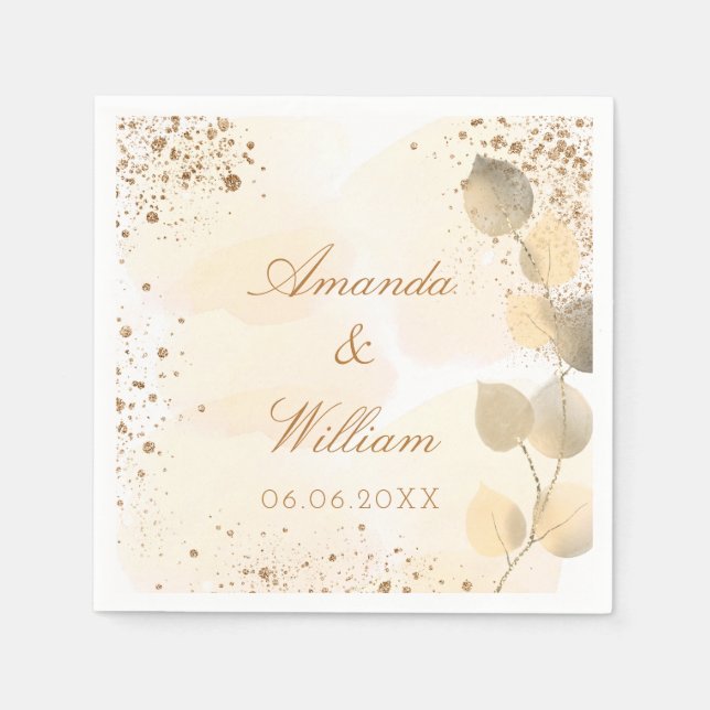 Servilleta De Papel Boda eucalipto oro purpurina caída (Anverso)