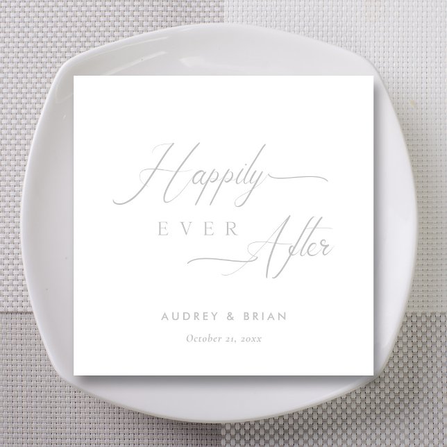 Servilleta De Papel Boda 'Feliz siempre después' de Silver personaliza (Silver on White Happily Ever After Wedding Napkins)