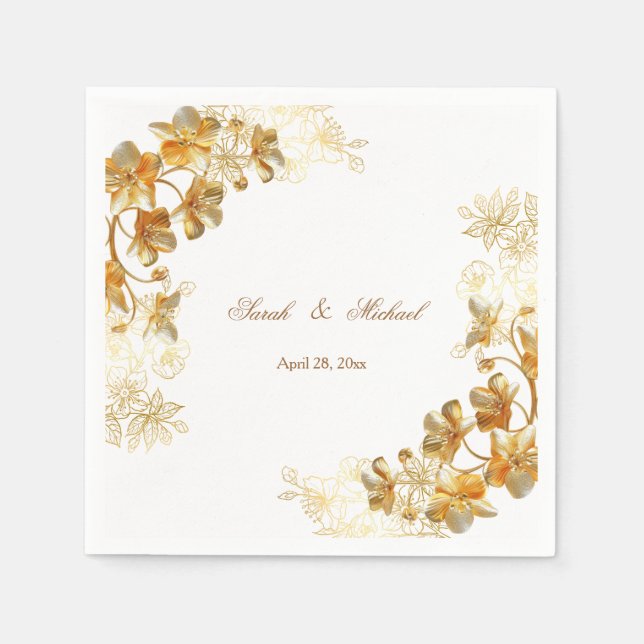 Servilleta De Papel Boda floral 3D dorada   (Anverso)