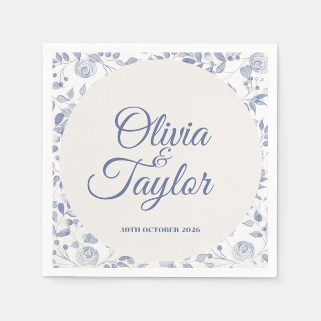 Servilleta De Papel Boda Floral Acuarela Azul Polvoriento (Anverso)