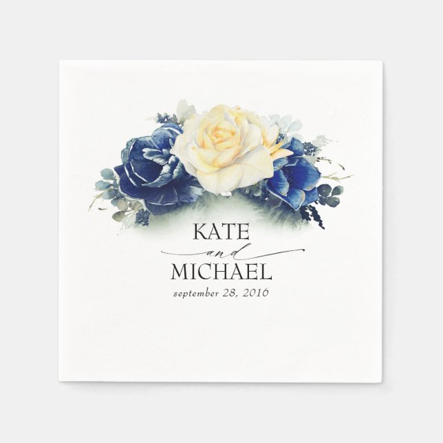 Servilleta De Papel Boda floral amarillo y azul marino (Anverso)