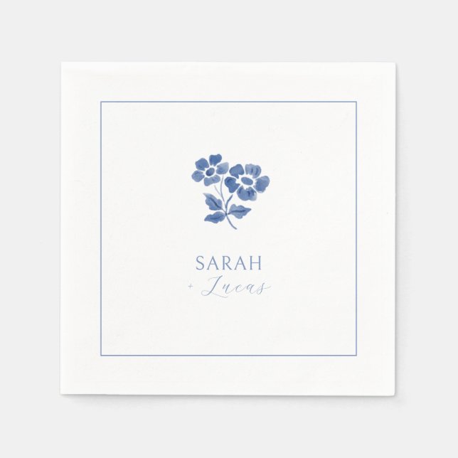 Servilleta De Papel Boda floral azul |  Blanco (Anverso)