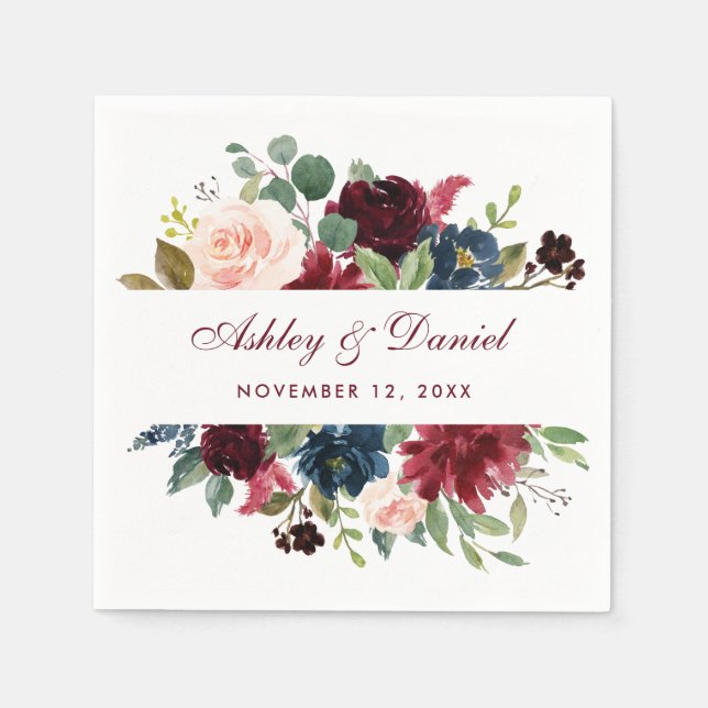 Servilleta De Papel Boda Floral Azul de Borgoña (Anverso)