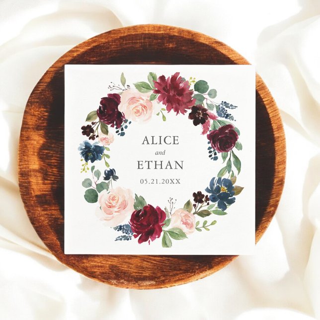 Servilleta De Papel Boda Floral Azul De Borgoña Y Marina (Subido por el creador)