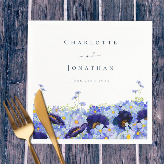 Servilleta De Papel Boda floral azul de flores silvestres moderno (Unique wildflower watercolor artwork by artist Catherine Sweetman )