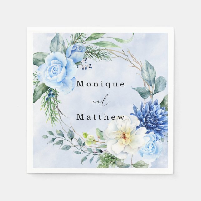 Servilleta De Papel Boda Floral Azul de la Marina Dusty (Anverso)