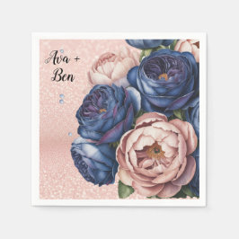 Servilleta De Papel Boda floral azul marino y Rosa dorado