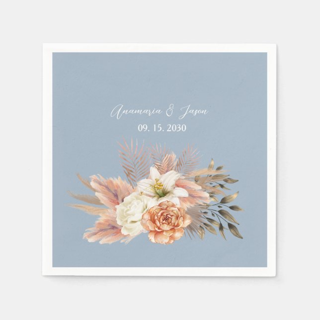 Servilleta De Papel Boda Floral Azul Polvo Melocotón (Anverso)