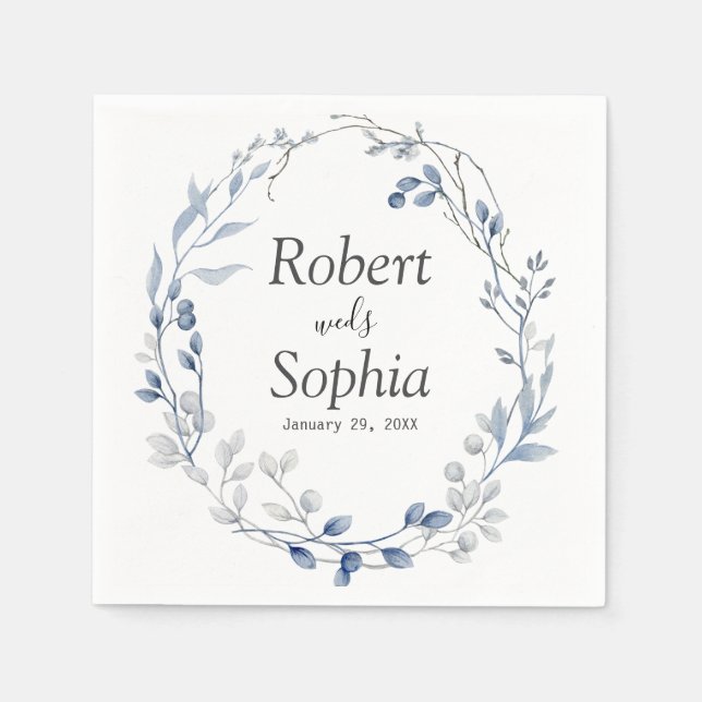 Servilleta De Papel Boda floral azul polvoriento (Anverso)
