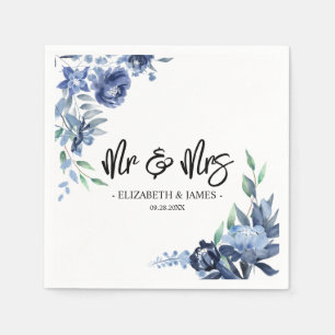 Servilleta De Papel Boda floral azul polvoriento Mr & Mrs