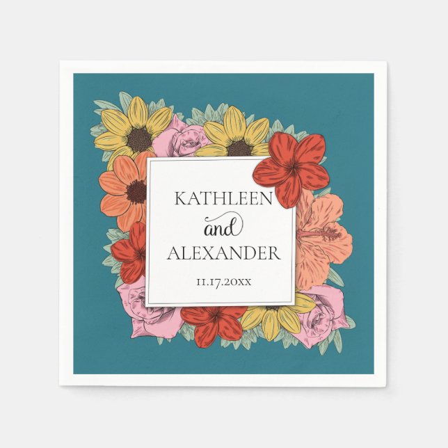 Servilleta De Papel Boda floral azul Verde azulado brillante y audaz (Anverso)