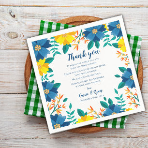 Servilleta De Papel Boda floral azul y amarillo Gracias mensaje