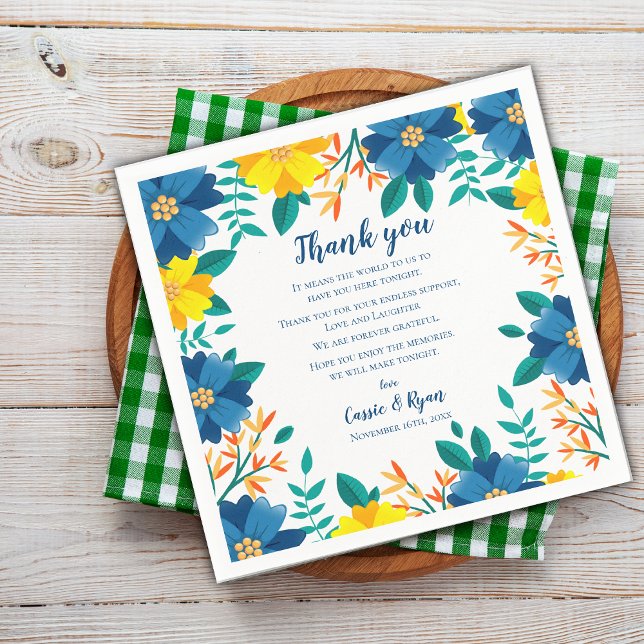 Servilleta De Papel Boda floral azul y amarillo Gracias mensaje (Blue and Yellow Floral Wedding Thank you Message Napkins)