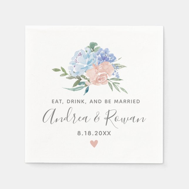 Servilleta De Papel Boda floral azul y rosa turbio (Anverso)