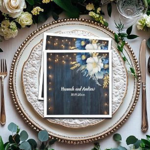 Servilleta De Papel Boda floral blanca de madera azul rustica