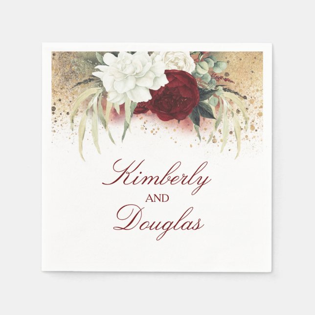 Servilleta De Papel Boda floral blanca y roja de Borgoña (Anverso)